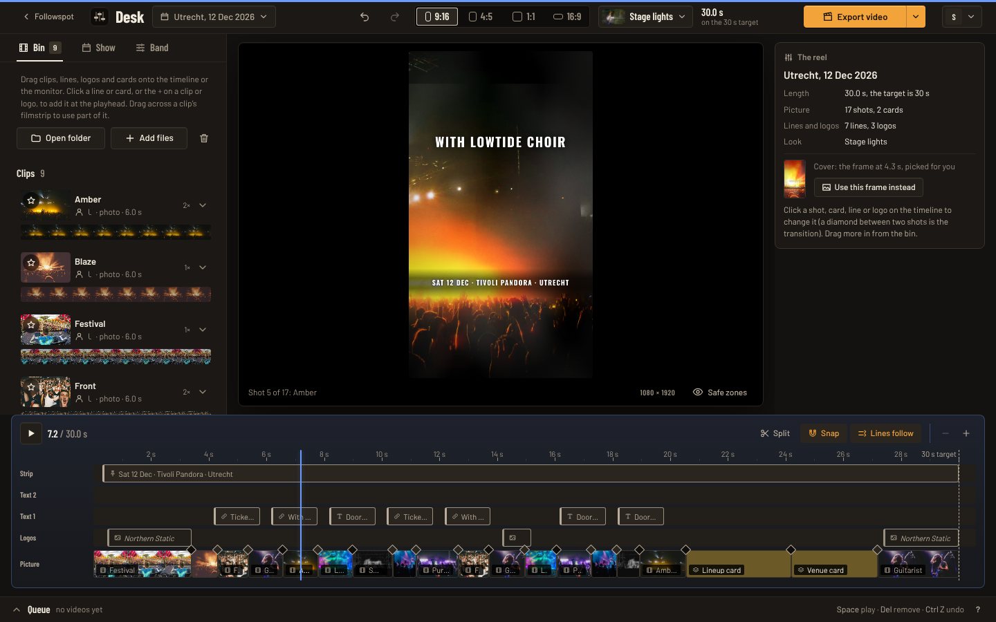 Desk: the clips on the left, the show reel on a monitor, and a timeline along the bottom with the shots, the lines and the band’s logo on their own tracks.