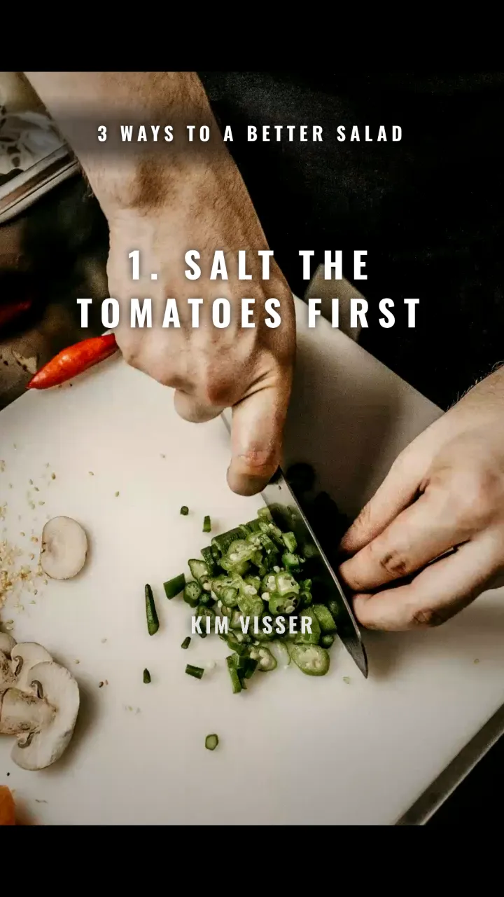 A recipe tip in Cinematic: the three steps to a better salad, numbered, each over another dish